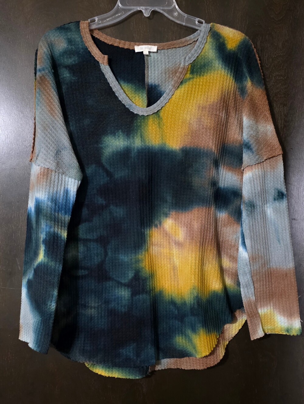 LA MIEL Tie-Dye Waffle Knit Long Sleeve Top Reversed Seams Raw Hem Size M